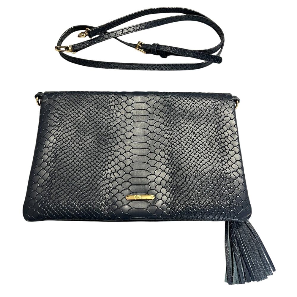 Gigi New York Clutch Crossbody Bag Navy Embossed Python Leather Gold Logo Tassel